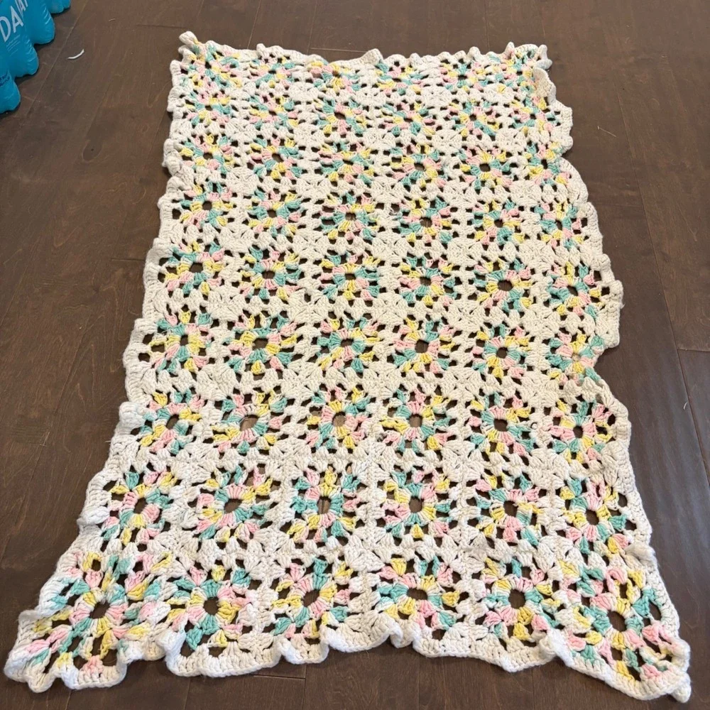 Handmade Crochet Granny Square Baby Blanket Pastel Pink Yellow Green Cream